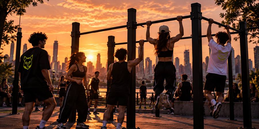 Friends doing pull-ups outdoors at sunset